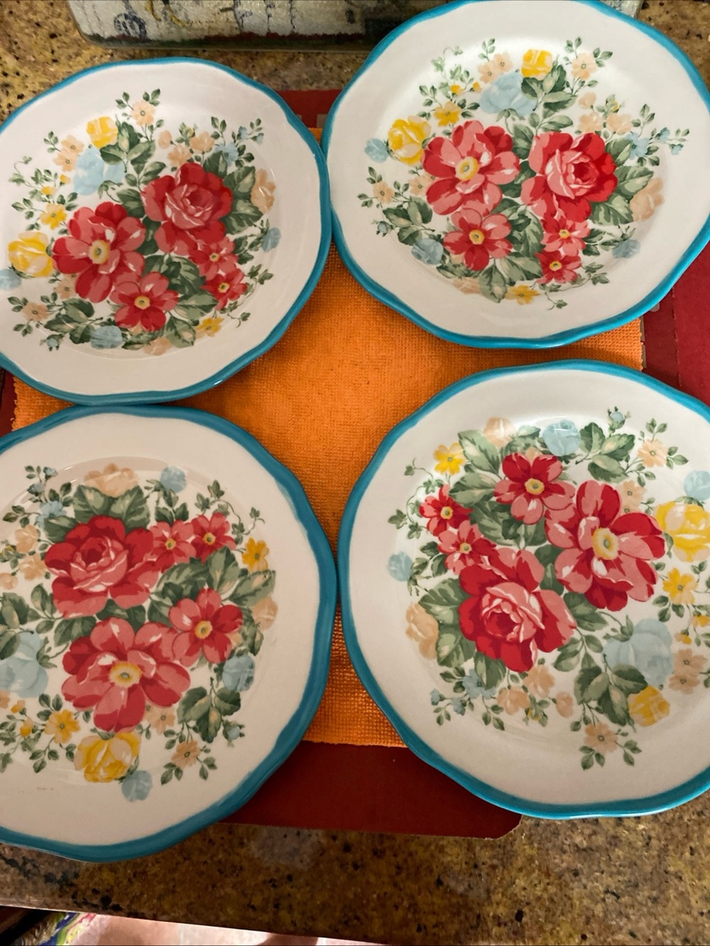Floral Ceramic Dessert Plates in Turquoise Rim - Set of 4. Vintage Floral
